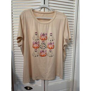 Beige Halloween Graphic Tee With Ghost & Pumpkin Print - Size XL - Cotton Blend